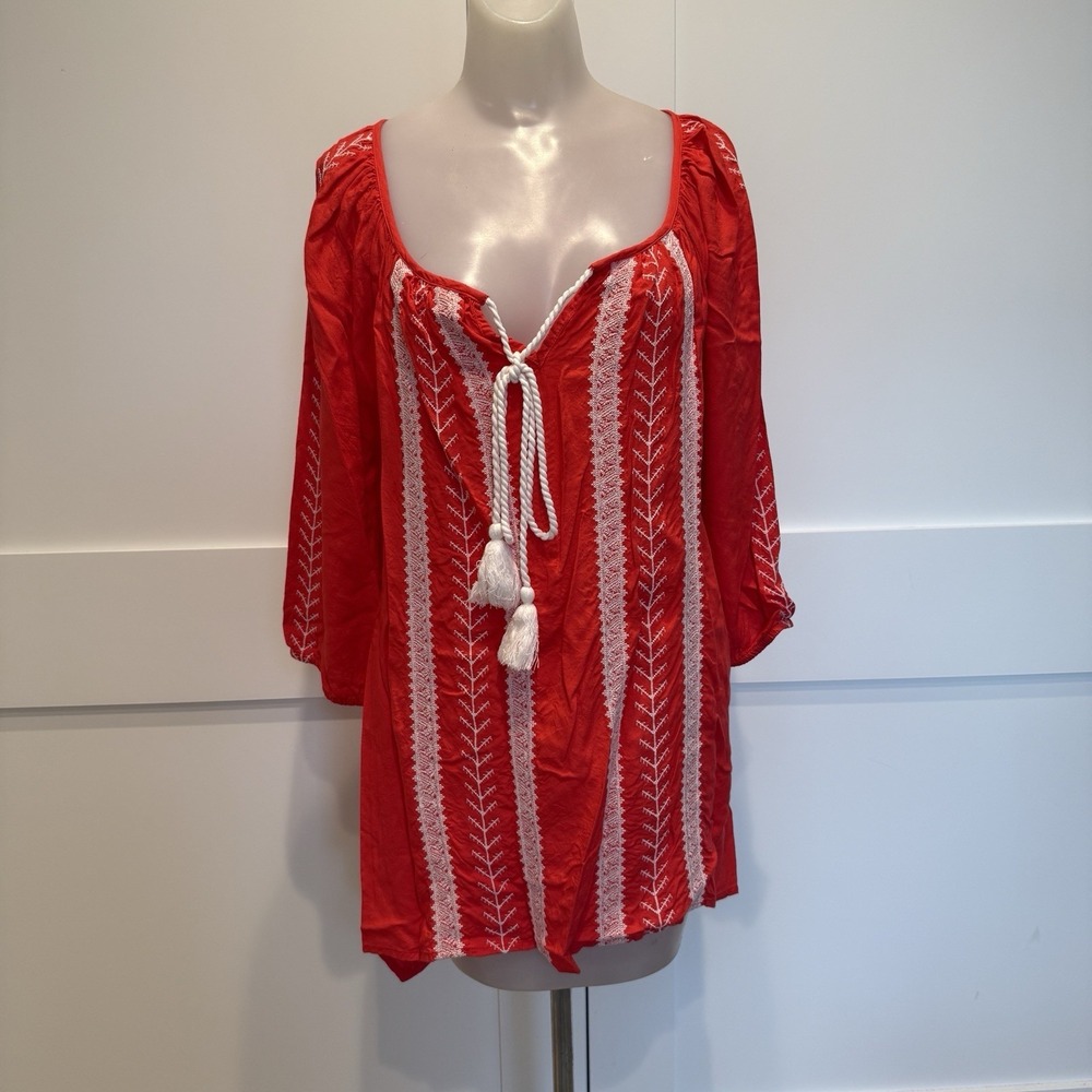 Karen Kane‎ Boho Peasant Tunic Red/Orange Embroidered Handkerchief Tassel Top 1X